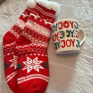 Cozy Red Snowflake Socks with “Joy” Maude Borup 20oz mug